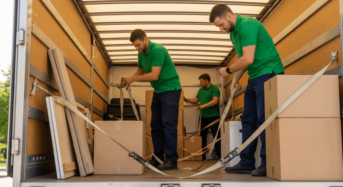 Movers securing boxes and furniture inside a moving truck